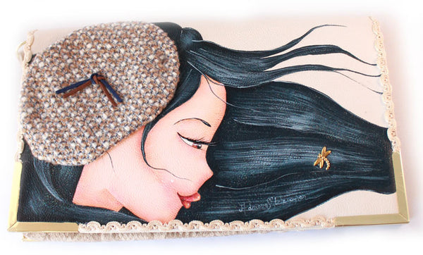 Bolso cartera beige con boina invierno pintado a mano (Por encargo-personalizado)