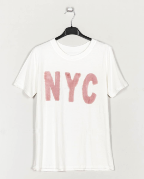 Camiseta blanca manga corta pelo rosa NYC