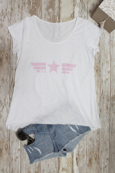 Camiseta blanca básica estrella aviador rosa