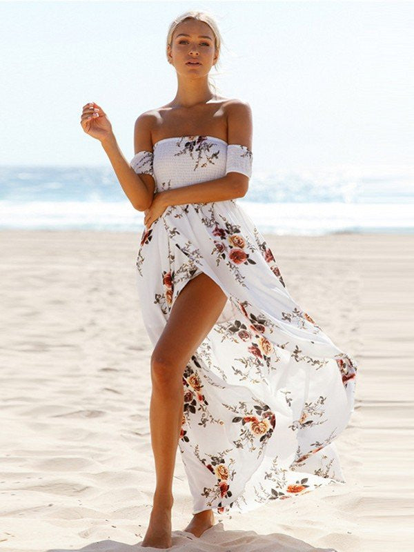 Vestido blanco largo asimétrico con flores boho - Valentina Del Sur