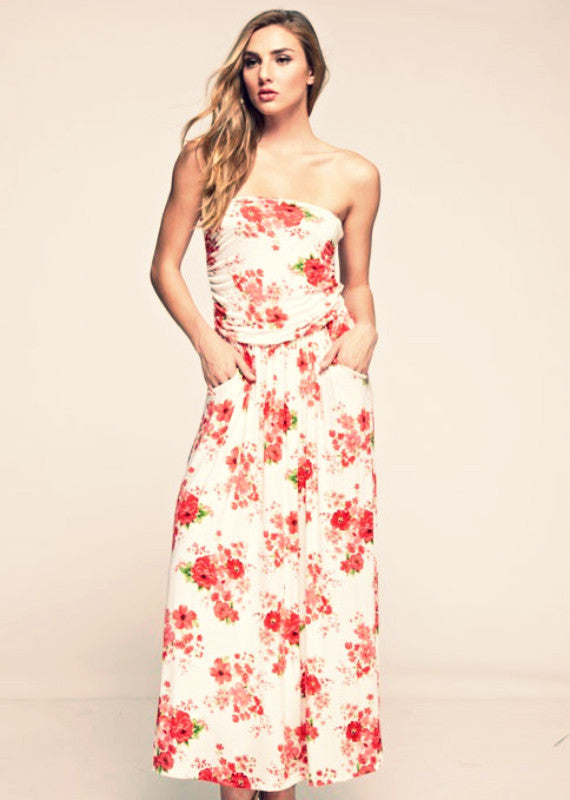 Vibrar Obsesión pureza Vestido largo blanco palabra de honor estampado con flores rojas -  Valentina Del Sur