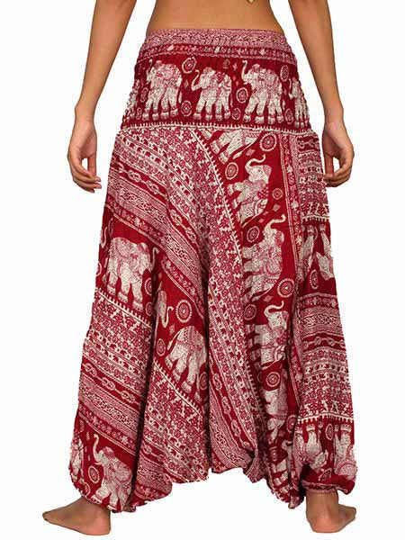 Pantalón hippie bombacho mono estampado elefantes rojo