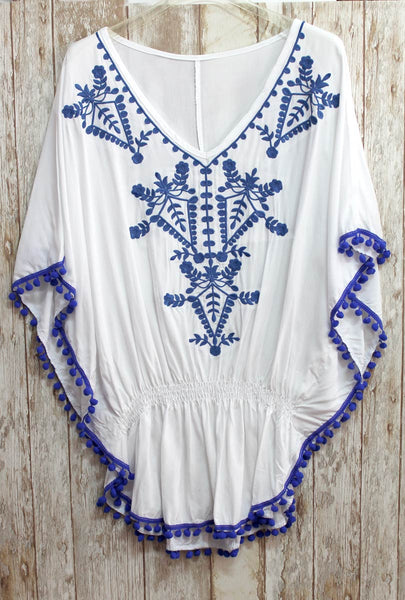 Blusa - vestido playero blanco hippie-chic con bordados azul
