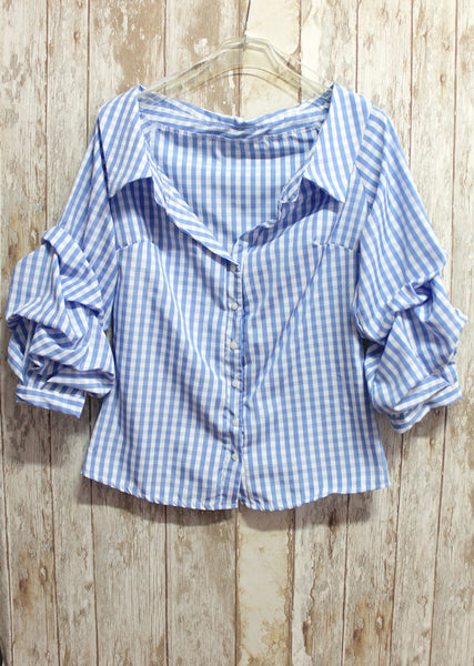 Camisa cuadros vichy azul y blanca con mangas abullonadas