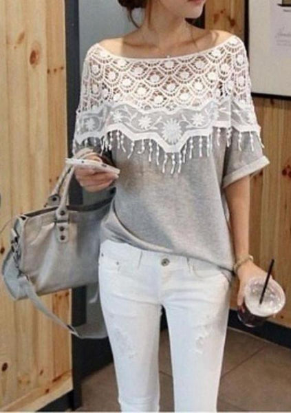 Camiseta boho gris con escote crochet