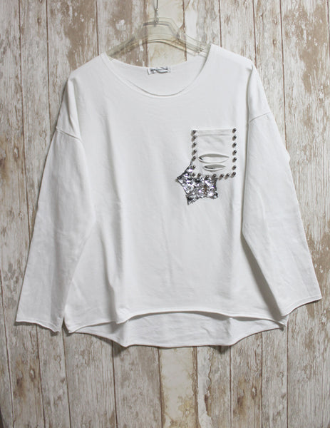Sudadera blanca con estrella brillante y bolsillo decorado