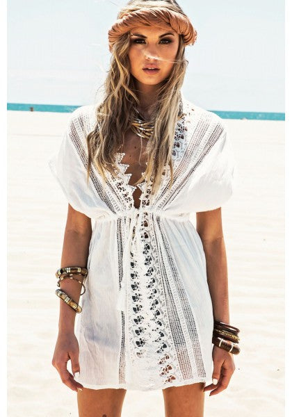 Blusa vestido playero blanco roto con escote crochet VDS